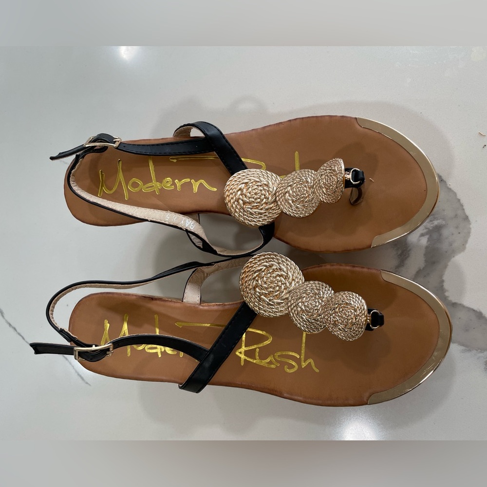 Modern‎ Rush Bay Black Gold Medallion Cork Wedge Sandals Size 8.5